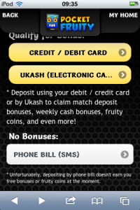 a screenshot showing mobile bingo deposit methods including pay by sms or text message