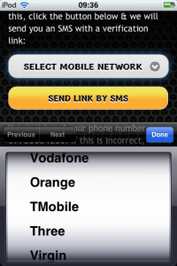 a screen shot showing how to select network when depositing to mobile bingo site using sms / text message